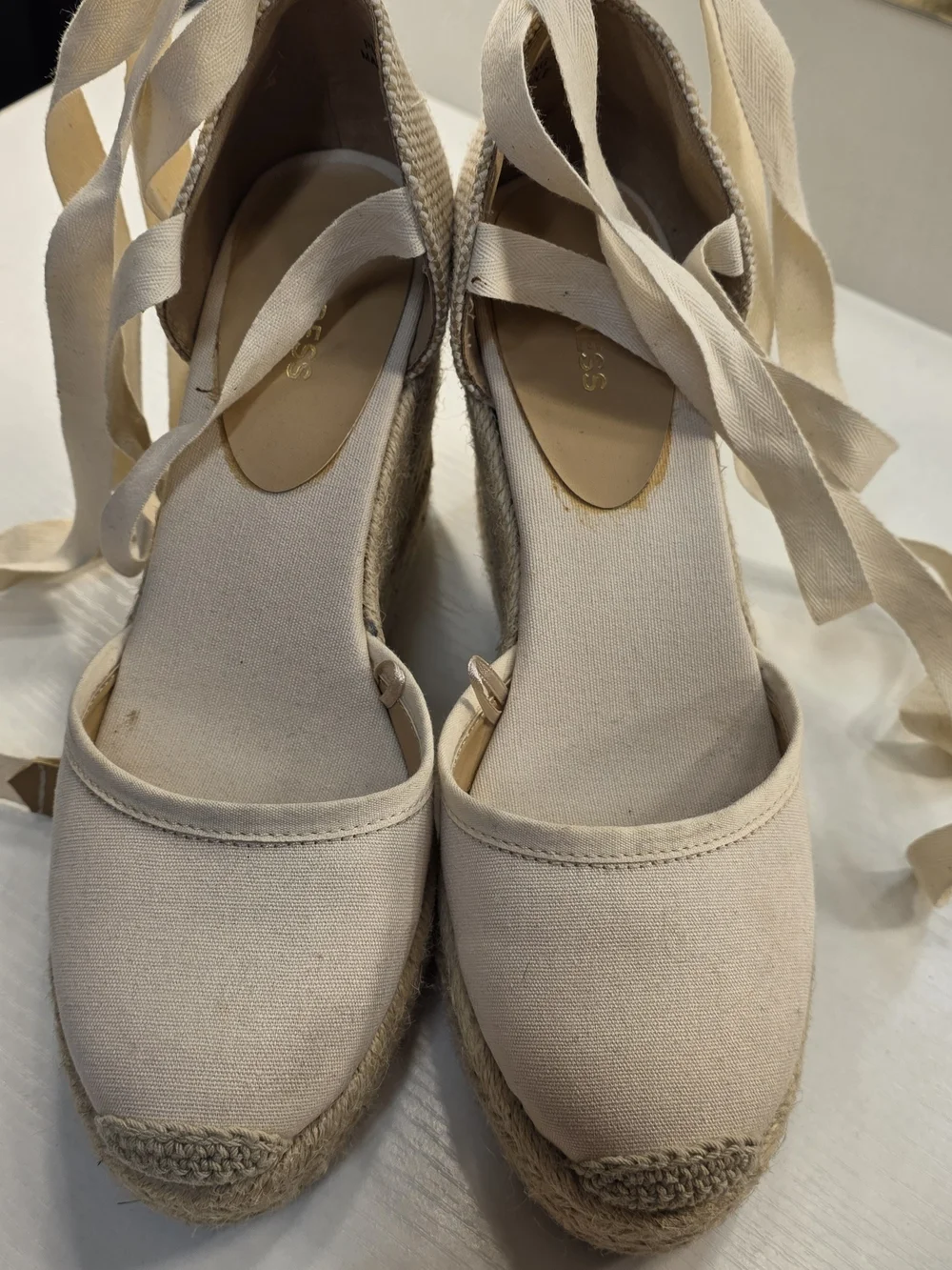 Express Cream Canvas Espadrille Wedge Sandals with Ankle Ties